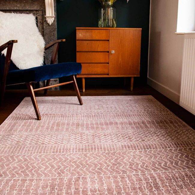 sand rose Khayma rug in a bedroom