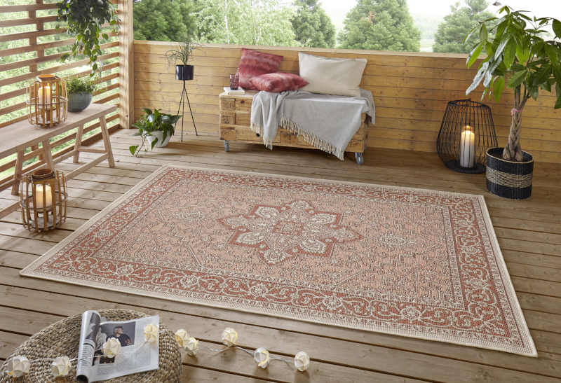 beautiful burnt red and white Jaffa outdoor rug
