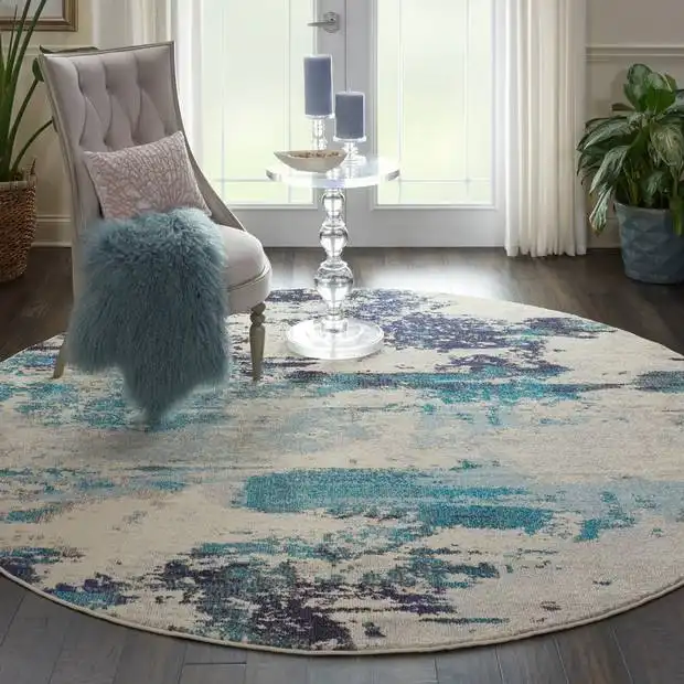 Celestial CES02 Ivory Teal Blue Round Rug By Nourison