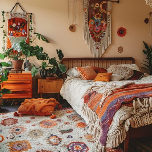 cream rug bohemian bedroom