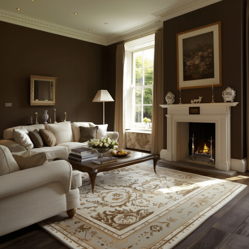 cream rug brown walls