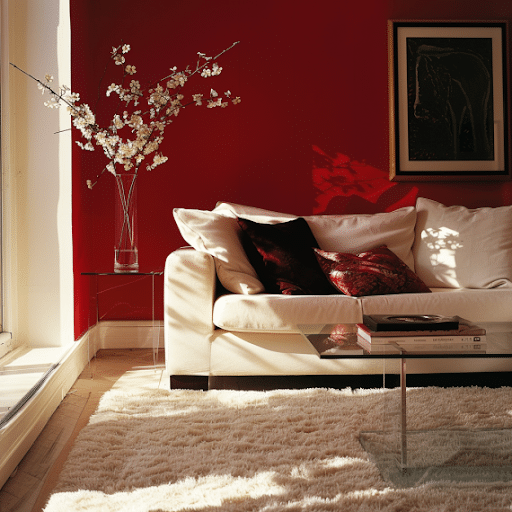 cream rug red walls